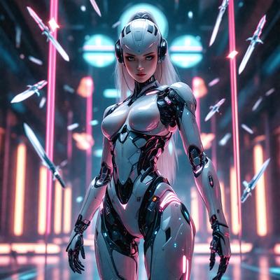 The primary subject of the image is a woman dressed in a futuristic, metallic outfit. She is standing in a room with a pink background, which adds a contrasting color to the scene. The visual style of the image is digital art, as it appears to be a computer-generated or digitally rendered scene. The woman's outfit and the room's design create a futuristic and cyberpunk atmosphere.